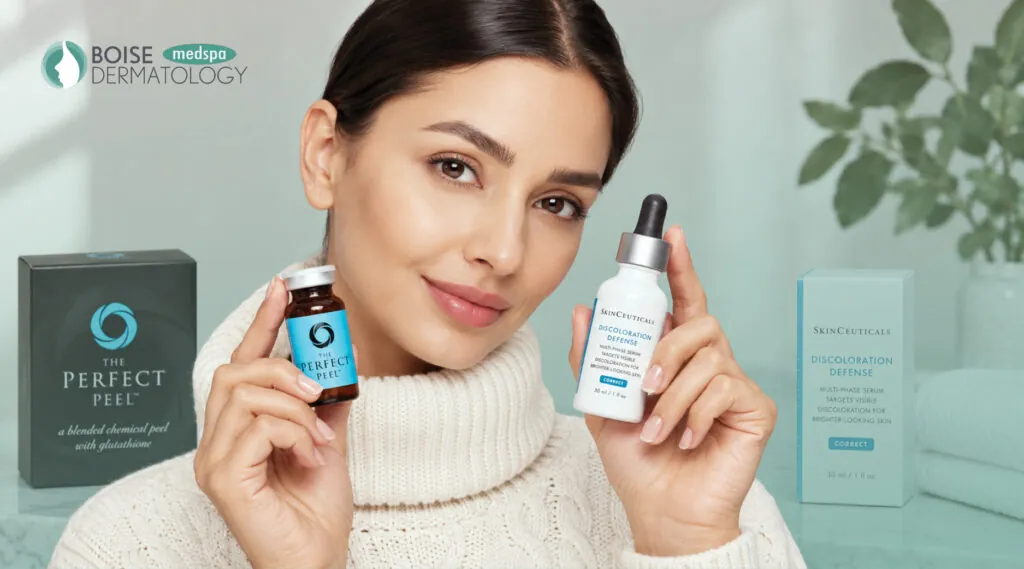 Chemical peel downtime guide: woman holding The Perfect Peel and SkinCeuticals Discoloration Defense at Boise Dermatology & Medspa